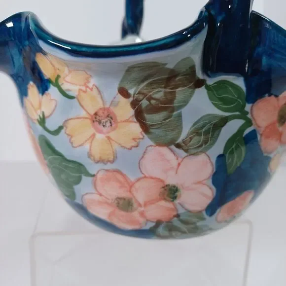 Ruffled Ceramic Basket Handcrafted Blue White Pink Floral Twisted Handle - Picture 4 of 11